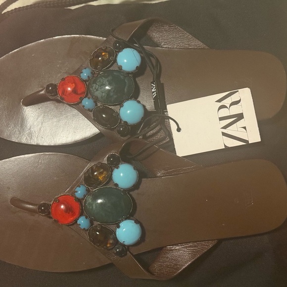 ZARA Beaded Flat Leather Sandal Brown - Picture 5 of 12